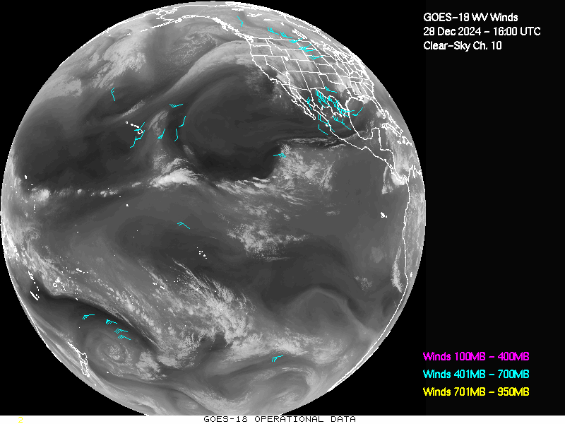 GOES-18 Clear Sky WV Channel 10 Derived Winds - Full Disk - 12/28/2024 - 1600 GMT