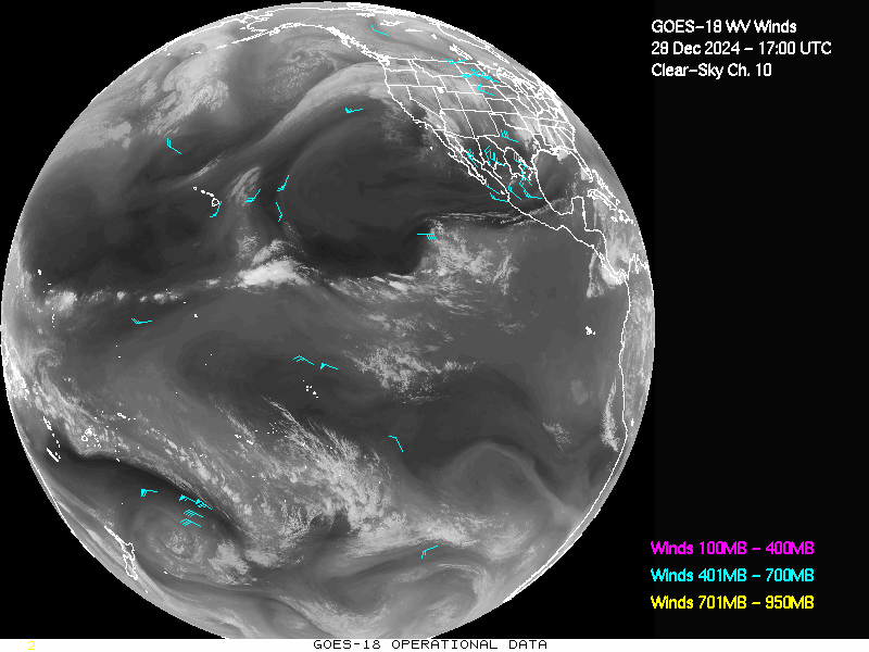 GOES-18 Clear Sky WV Channel 10 Derived Winds - Full Disk - 12/28/2024 - 1700 GMT