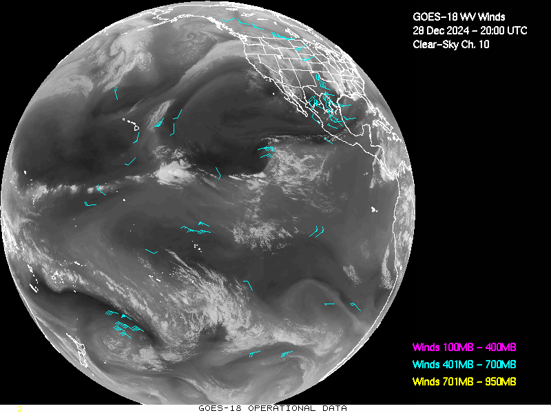 GOES-18 Clear Sky WV Channel 10 Derived Winds - Full Disk - 12/28/2024 - 2000 GMT