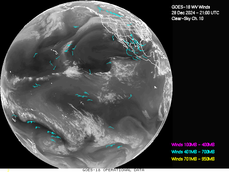 GOES-18 Clear Sky WV Channel 10 Derived Winds - Full Disk - 12/28/2024 - 2100 GMT