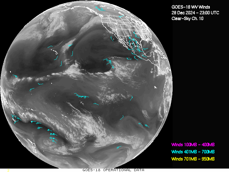 GOES-18 Clear Sky WV Channel 10 Derived Winds - Full Disk - 12/28/2024 - 2300 GMT