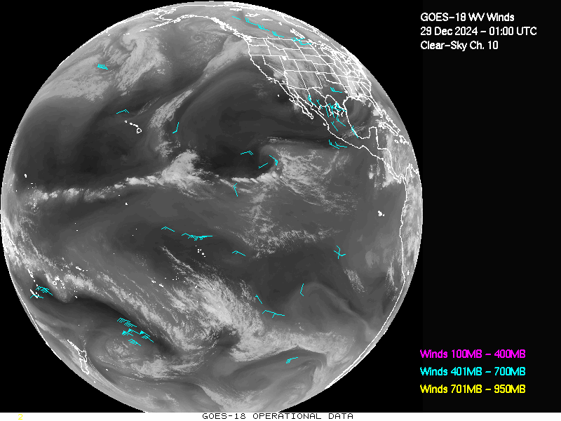 GOES-18 Clear Sky WV Channel 10 Derived Winds - Full Disk - 12/29/2024 - 0100 GMT