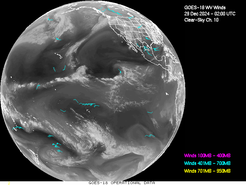 GOES-18 Clear Sky WV Channel 10 Derived Winds - Full Disk - 12/29/2024 - 0200 GMT