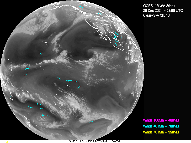 GOES-18 Clear Sky WV Channel 10 Derived Winds - Full Disk - 12/29/2024 - 0300 GMT