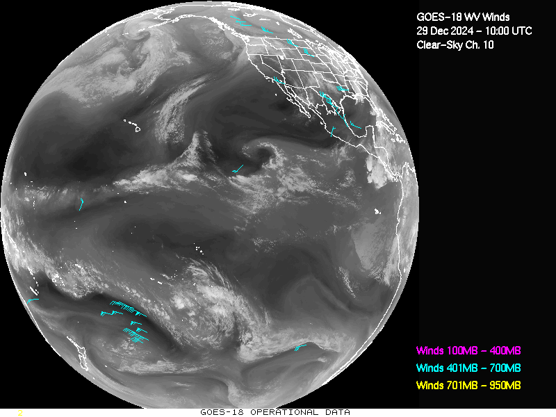 GOES-18 Clear Sky WV Channel 10 Derived Winds - Full Disk - 12/29/2024 - 1000 GMT