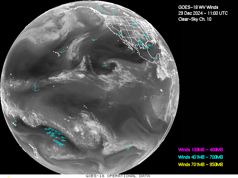 GOES-18 Clear Sky WV Channel 10 Derived Winds - Full Disk - 12/29/2024 - 1100 GMT