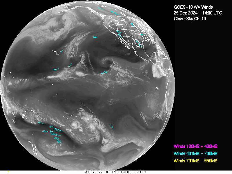 GOES-18 Clear Sky WV Channel 10 Derived Winds - Full Disk - 12/29/2024 - 1400 GMT