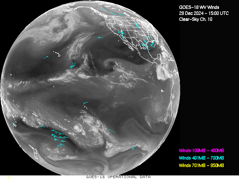 GOES-18 Clear Sky WV Channel 10 Derived Winds - Full Disk - 12/29/2024 - 1500 GMT