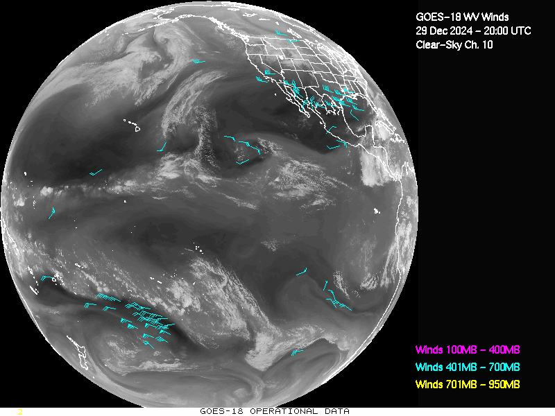 GOES-18 Clear Sky WV Channel 10 Derived Winds - Full Disk - 12/29/2024 - 2000 GMT