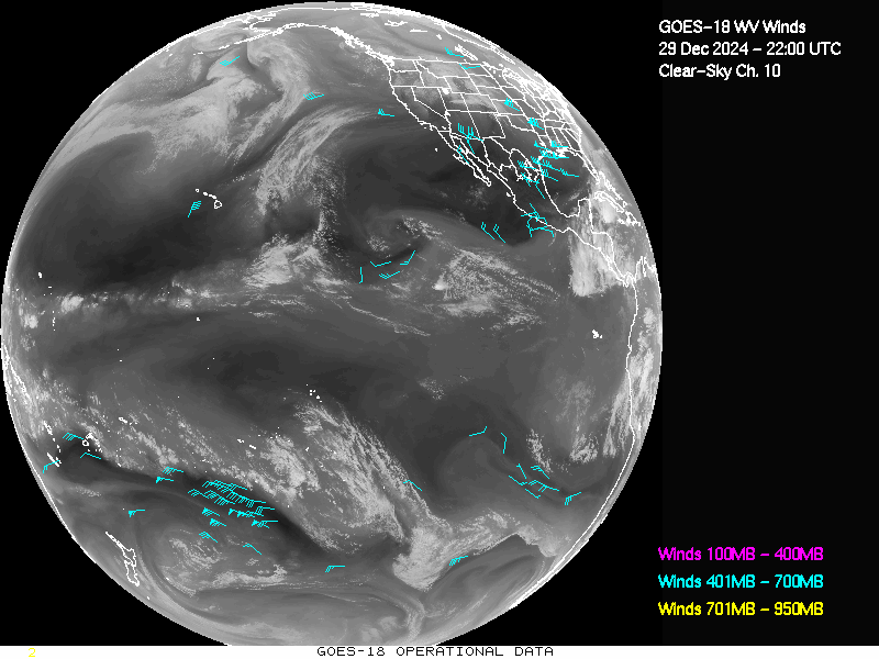 GOES-18 Clear Sky WV Channel 10 Derived Winds - Full Disk - 12/29/2024 - 2200 GMT