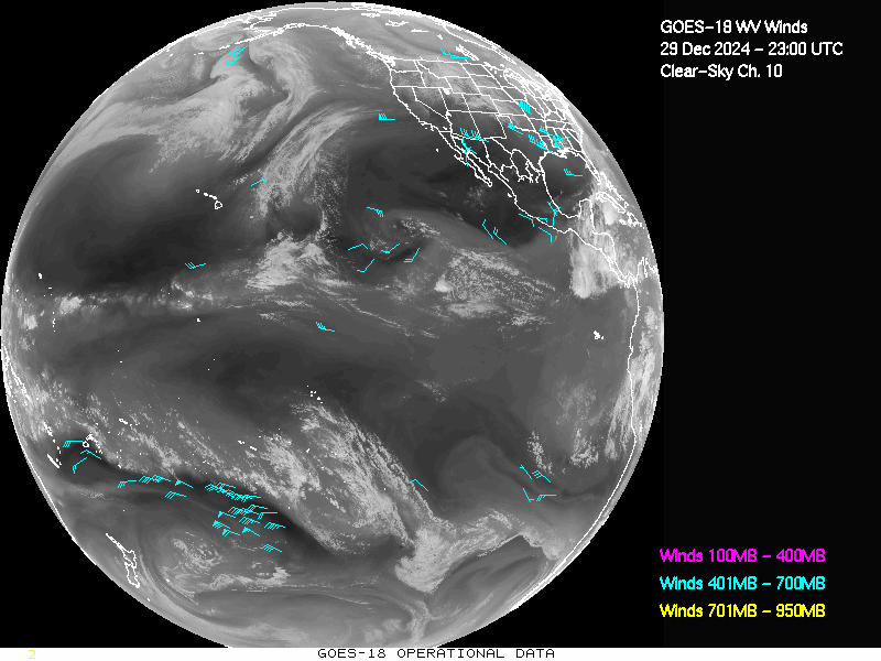 GOES-18 Clear Sky WV Channel 10 Derived Winds - Full Disk - 12/29/2024 - 2300 GMT