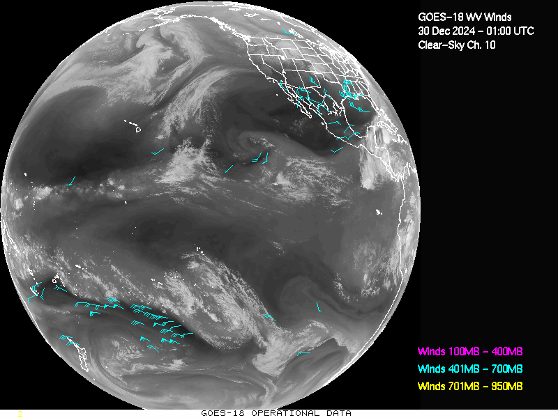 GOES-18 Clear Sky WV Channel 10 Derived Winds - Full Disk - 12/30/2024 - 0100 GMT