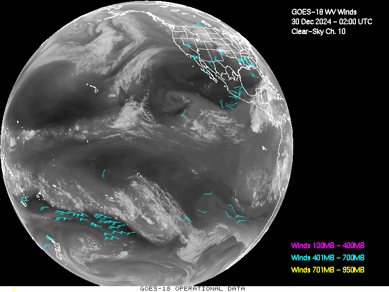 GOES-18 Clear Sky WV Channel 10 Derived Winds - Full Disk - 12/30/2024 - 0200 GMT