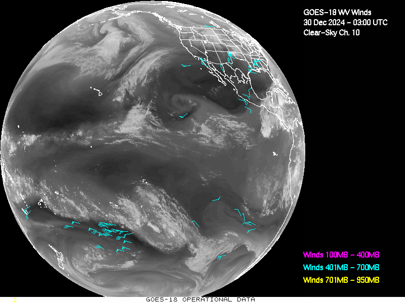 GOES-18 Clear Sky WV Channel 10 Derived Winds - Full Disk - 12/30/2024 - 0300 GMT