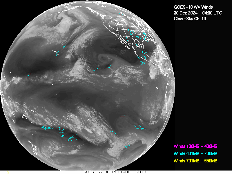 GOES-18 Clear Sky WV Channel 10 Derived Winds - Full Disk - 12/30/2024 - 0400 GMT