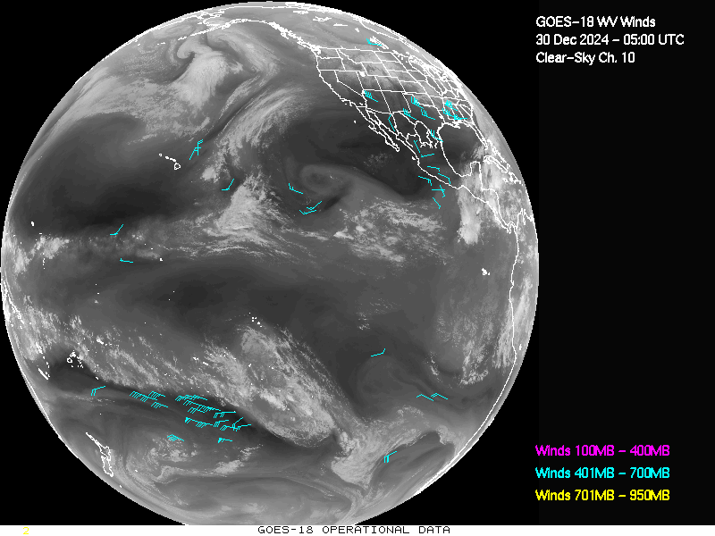 GOES-18 Clear Sky WV Channel 10 Derived Winds - Full Disk - 12/30/2024 - 0500 GMT