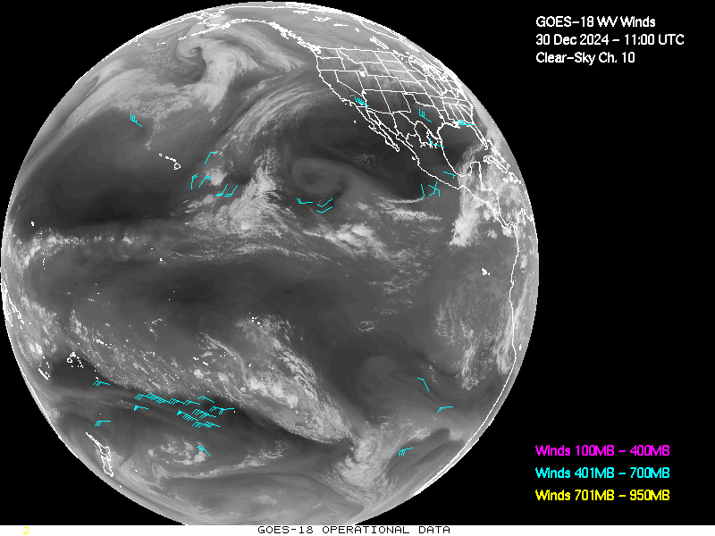 GOES-18 Clear Sky WV Channel 10 Derived Winds - Full Disk - 12/30/2024 - 1100 GMT