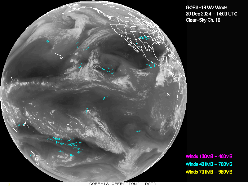 GOES-18 Clear Sky WV Channel 10 Derived Winds - Full Disk - 12/30/2024 - 1400 GMT