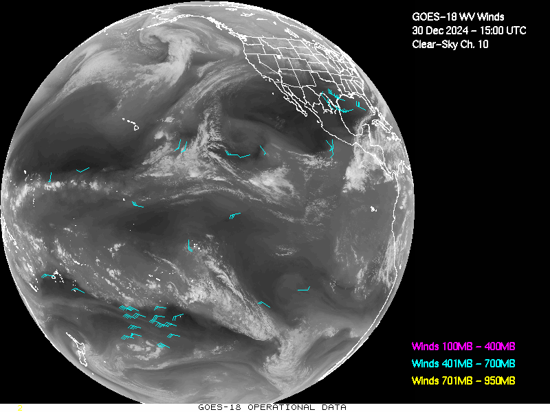 GOES-18 Clear Sky WV Channel 10 Derived Winds - Full Disk - 12/30/2024 - 1500 GMT