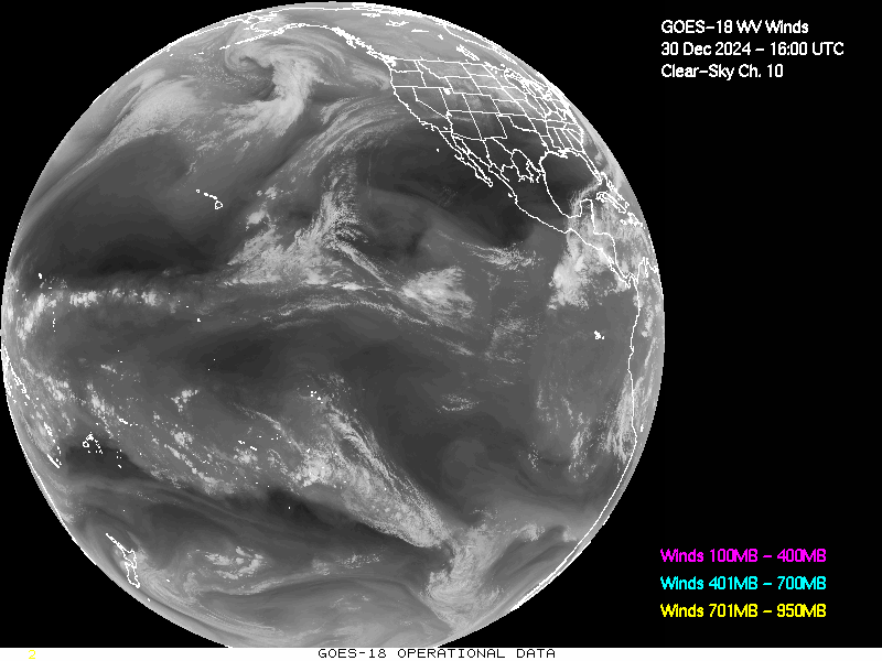 GOES-18 Clear Sky WV Channel 10 Derived Winds - Full Disk - 12/30/2024 - 1600 GMT