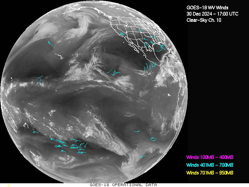 GOES-18 Clear Sky WV Channel 10 Derived Winds - Full Disk - 12/30/2024 - 1700 GMT