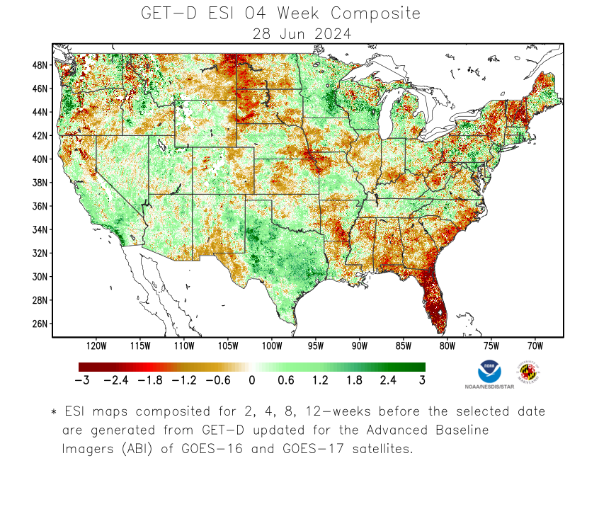 SNPP-GOES GET-D ESI - Drought Monitoring Products - 4 Week Composite Image - 06/28/2024