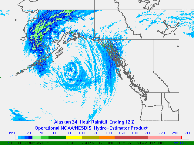 Hydro-Estimator - Eastern Pacific - Alaska / British Columbia - 24 Hour Estimated Rainfall images