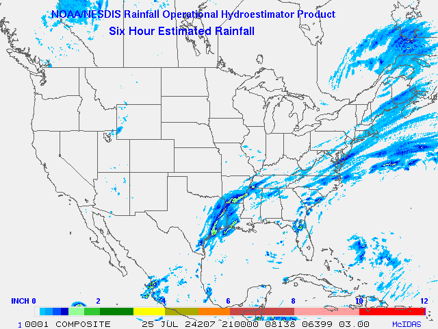 Hydro-Estimator - Contiguous United States - 6-Hour Estimated Rainfall Rate - 07-25-2024 - 21:00 UTC