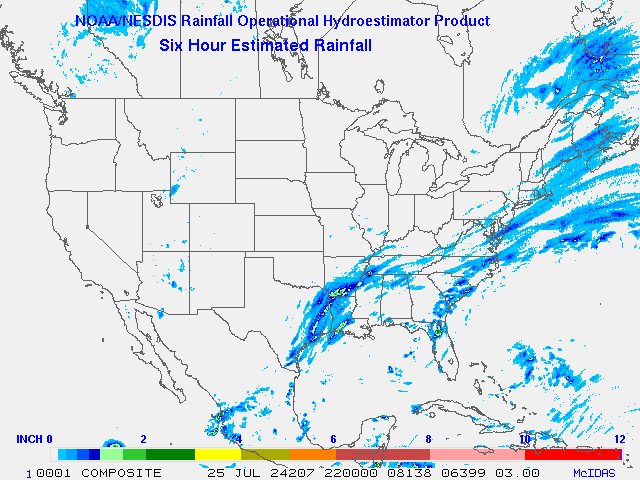 Hydro-Estimator - Contiguous United States - 6-Hour Estimated Rainfall Rate - 07-25-2024 - 22:00 UTC