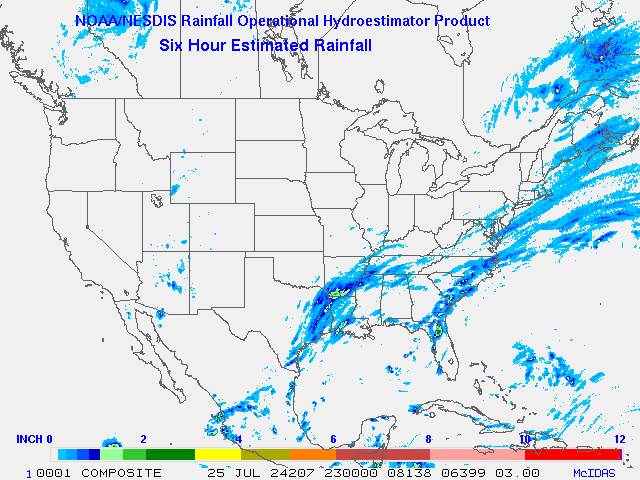 Hydro-Estimator - Contiguous United States - 6-Hour Estimated Rainfall Rate - 07-25-2024 - 23:00 UTC