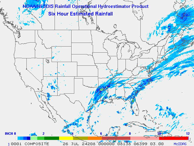 Hydro-Estimator - Contiguous United States - 6-Hour Estimated Rainfall Rate - 07-26-2024 - 00:00 UTC