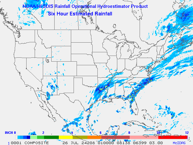 Hydro-Estimator - Contiguous United States - 6-Hour Estimated Rainfall Rate - 07-26-2024 - 01:00 UTC