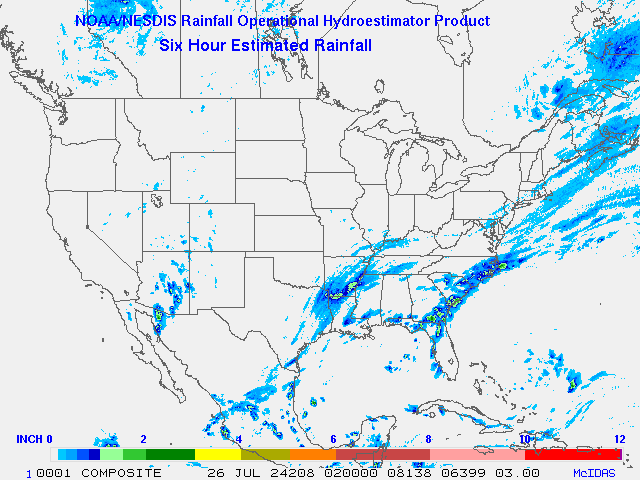 Hydro-Estimator - Contiguous United States - 6-Hour Estimated Rainfall Rate - 07-26-2024 - 02:00 UTC