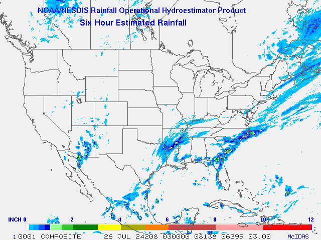 Hydro-Estimator - Contiguous United States - 6-Hour Estimated Rainfall Rate - 07-26-2024 - 03:00 UTC