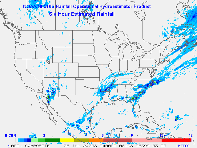 Hydro-Estimator - Contiguous United States - 6-Hour Estimated Rainfall Rate - 07-26-2024 - 04:00 UTC