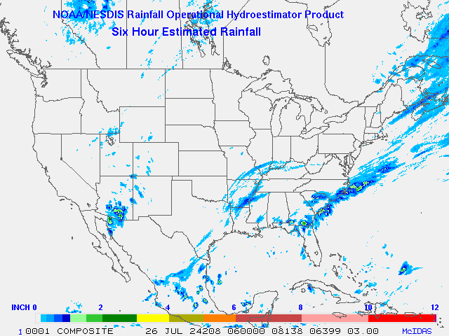 Hydro-Estimator - Contiguous United States - 6-Hour Estimated Rainfall Rate - 07-26-2024 - 06:00 UTC