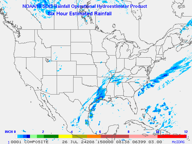 Hydro-Estimator - Contiguous United States - 6-Hour Estimated Rainfall Rate - 07-26-2024 - 15:00 UTC