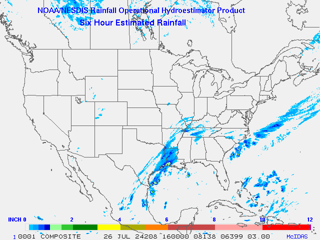 Hydro-Estimator - Contiguous United States - 6-Hour Estimated Rainfall Rate - 07-26-2024 - 16:00 UTC