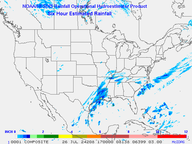 Hydro-Estimator - Contiguous United States - 6-Hour Estimated Rainfall Rate - 07-26-2024 - 17:00 UTC