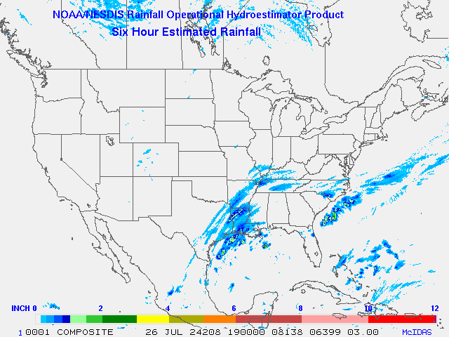 Hydro-Estimator - Contiguous United States - 6-Hour Estimated Rainfall Rate - 07-26-2024 - 19:00 UTC