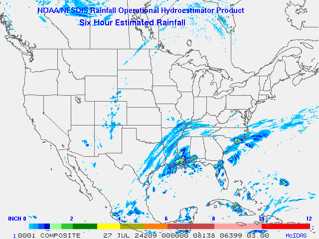 Hydro-Estimator - Contiguous United States - 6-Hour Estimated Rainfall Rate - 07-27-2024 - 00:00 UTC