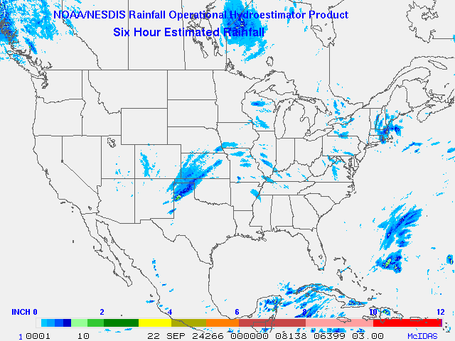 Hydro-Estimator - Contiguous United States - 6-Hour Estimated Rainfall Rate - 09-22-2024 - 00:00 UTC