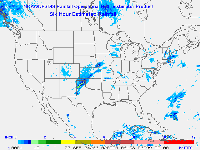 Hydro-Estimator - Contiguous United States - 6-Hour Estimated Rainfall Rate - 09-22-2024 - 02:00 UTC