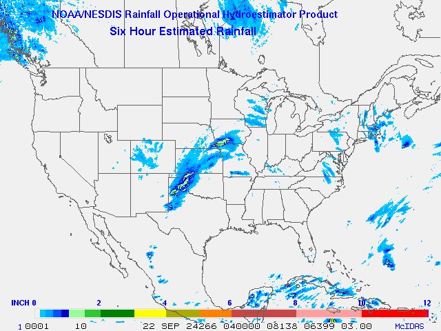 Hydro-Estimator - Contiguous United States - 6-Hour Estimated Rainfall Rate - 09-22-2024 - 04:00 UTC