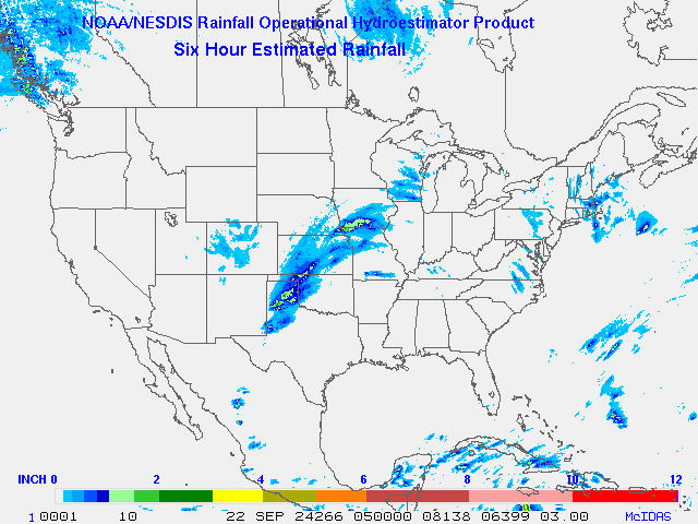 Hydro-Estimator - Contiguous United States - 6-Hour Estimated Rainfall Rate - 09-22-2024 - 05:00 UTC