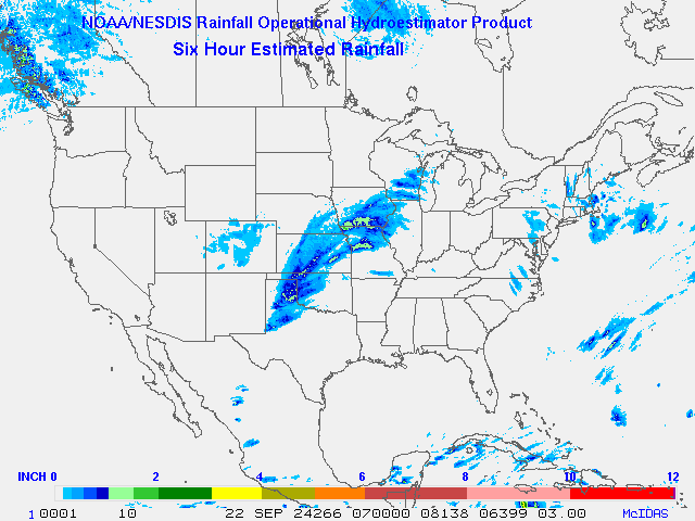 Hydro-Estimator - Contiguous United States - 6-Hour Estimated Rainfall Rate - 09-22-2024 - 07:00 UTC