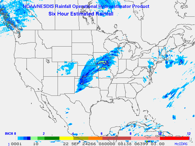 Hydro-Estimator - Contiguous United States - 6-Hour Estimated Rainfall Rate - 09-22-2024 - 08:00 UTC