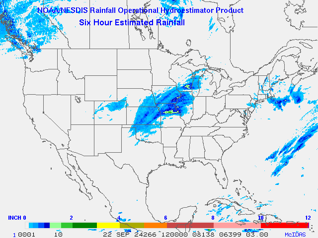 Hydro-Estimator - Contiguous United States - 6-Hour Estimated Rainfall Rate - 09-22-2024 - 12:00 UTC