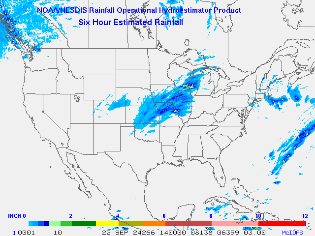 Hydro-Estimator - Contiguous United States - 6-Hour Estimated Rainfall Rate - 09-22-2024 - 14:00 UTC