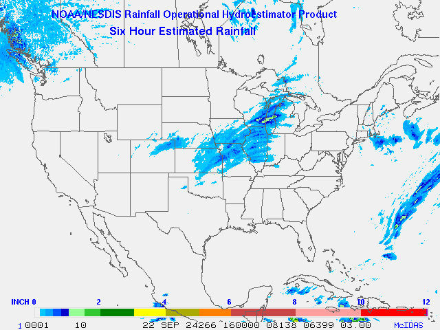 Hydro-Estimator - Contiguous United States - 6-Hour Estimated Rainfall Rate - 09-22-2024 - 16:00 UTC